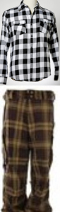 checkered black shirt and plaid brown pants